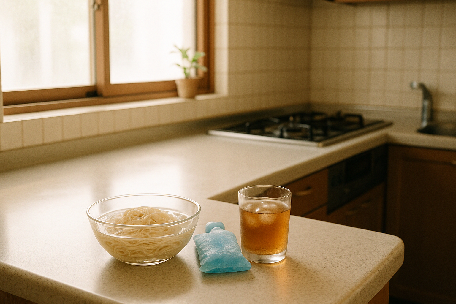 夏の台所。午後の白い光が差し込み、ガラスのボウルに麺と保冷剤、コンロは使われていない。