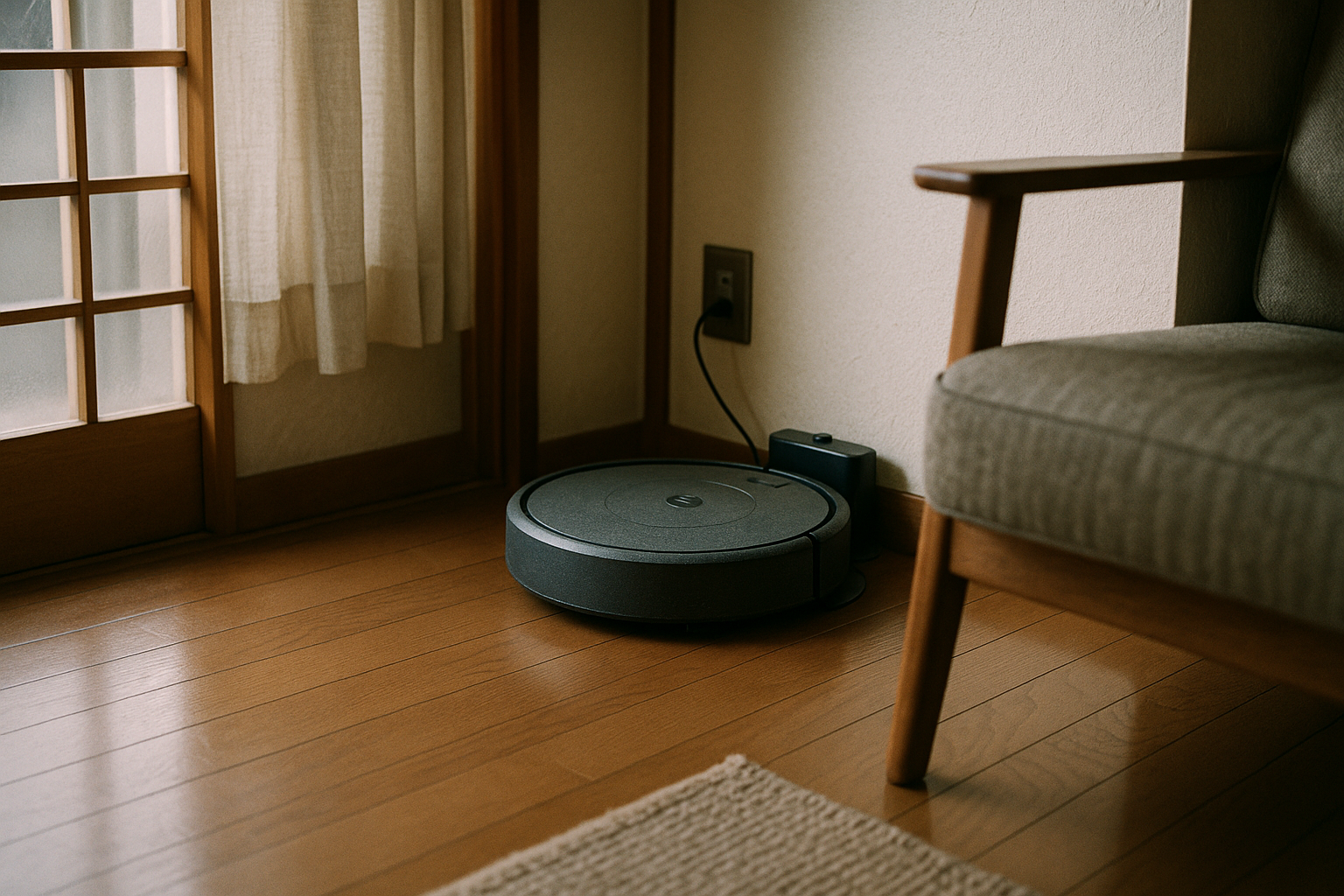 部屋の隅の充電ドックに戻ったまま動いていないロボット掃除機。本体にうっすら埃が乗っている。