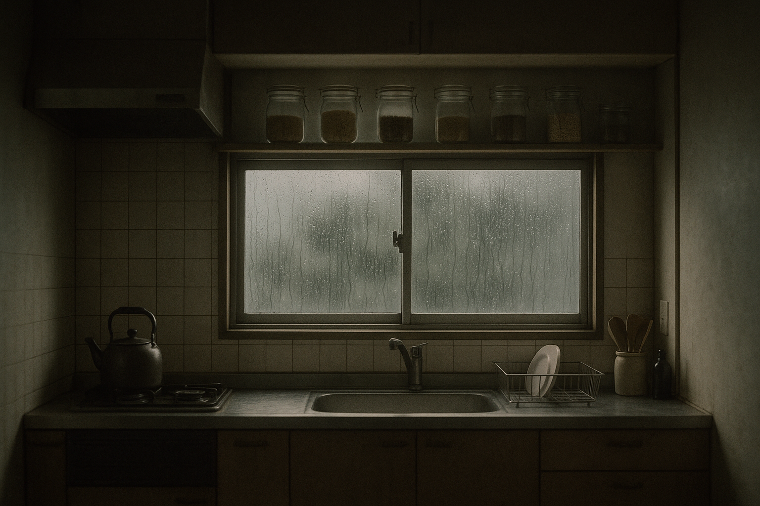 梅雨の台所。窓に雨が伝い、棚には乾物の瓶が並ぶ。湿気を含んだ灰色の光。