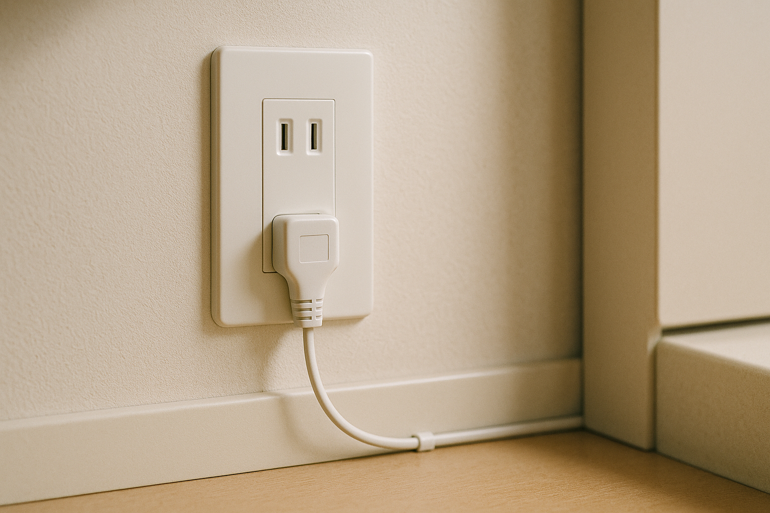 キッチンカウンターの下、壁際に沿って束ねられた電源コードとケーブルクリップ。