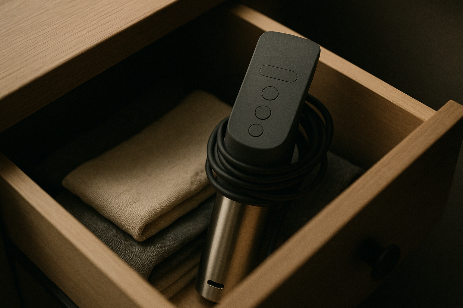 引き出しの中に、たたんだ布と一緒に立てられた棒状の調理器。電源コードが本体に巻かれ、上面にうっすら埃が乗っている。