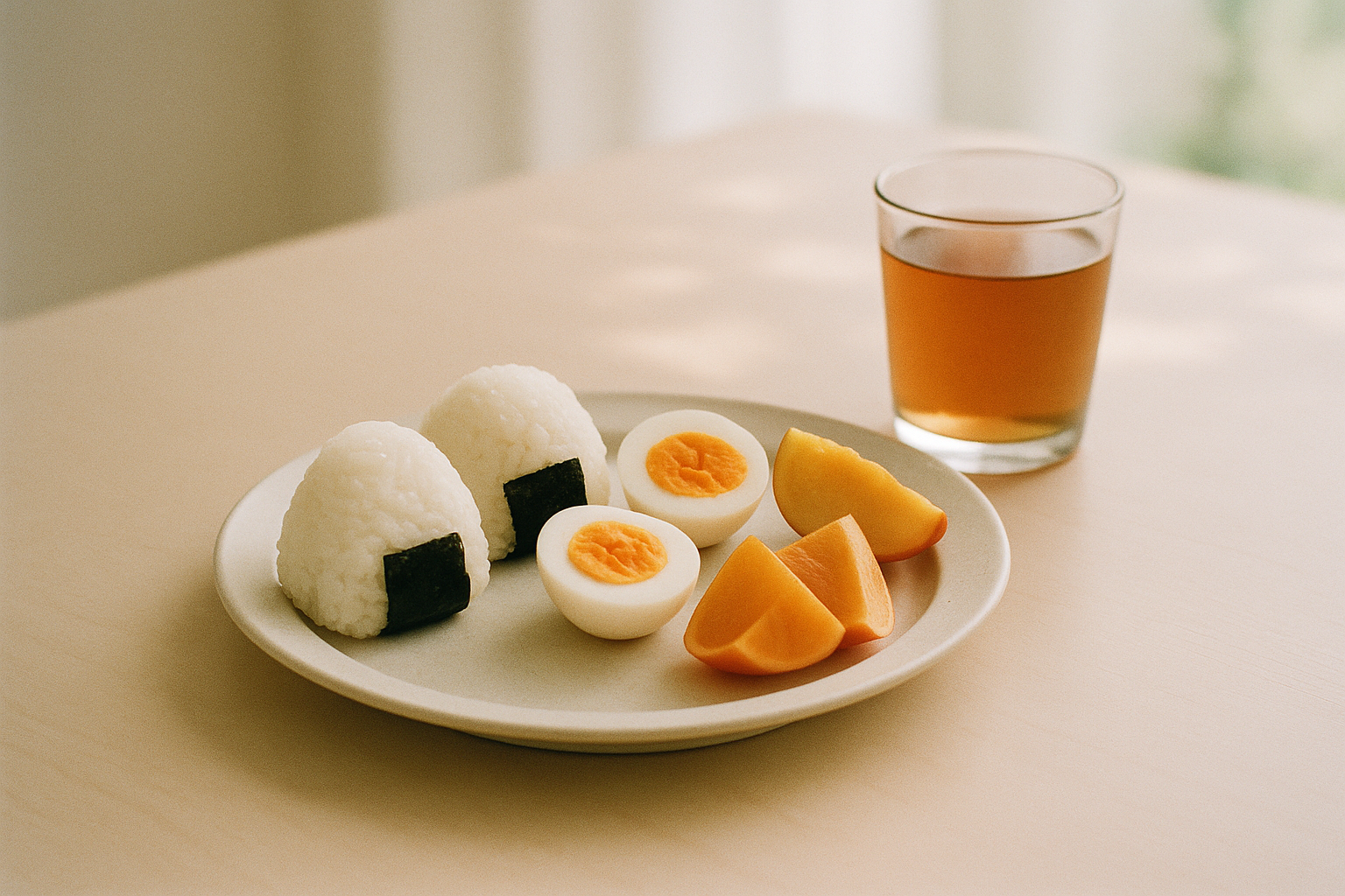 夏の食卓に並ぶ、簡素な昼ごはん。おにぎり、ゆで卵、切った果物、麦茶のグラス。