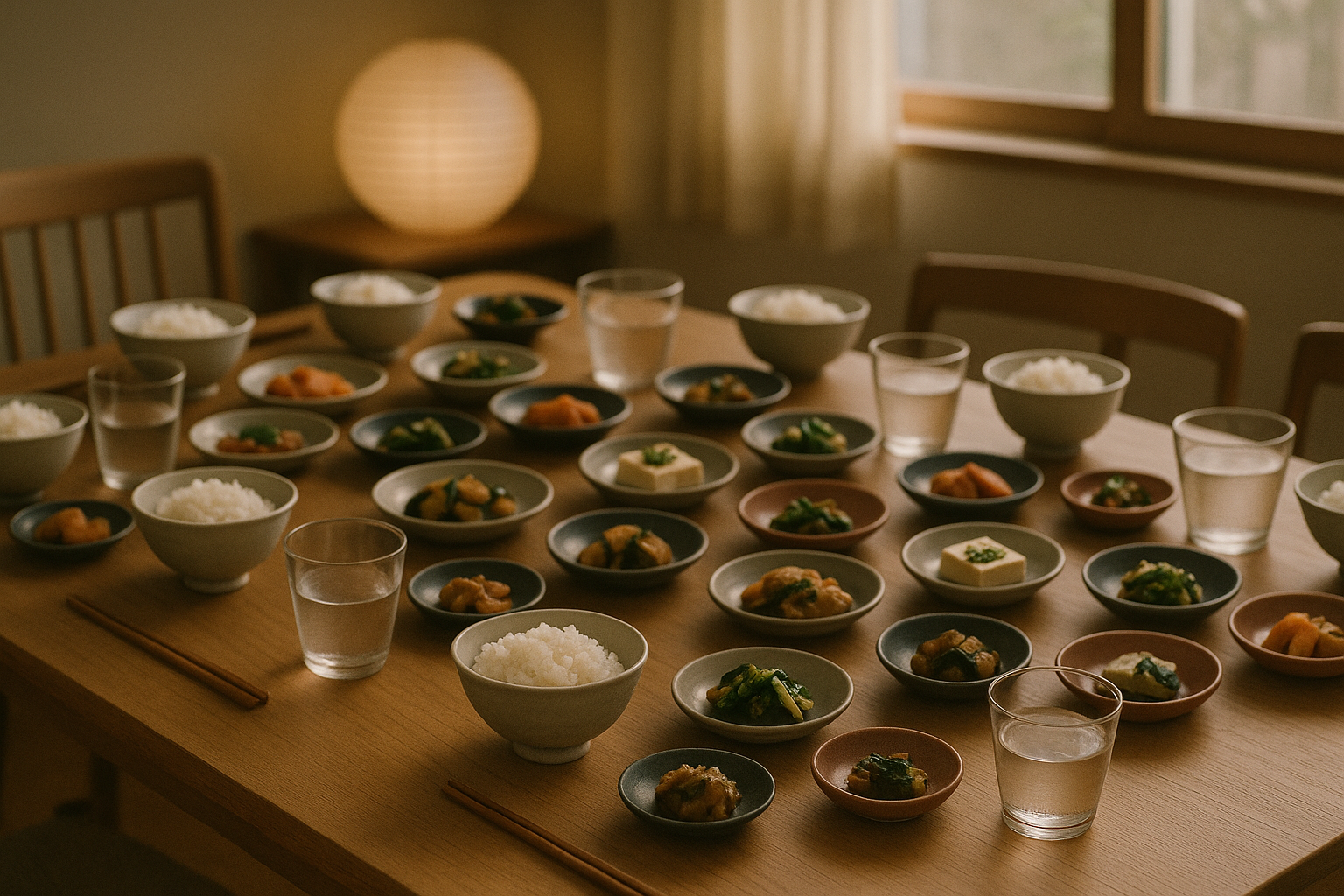 お盆の食卓。いつもより多い人数分の器と小鉢、グラスが木のテーブルに並び、奥に提灯がぼんやり見える。