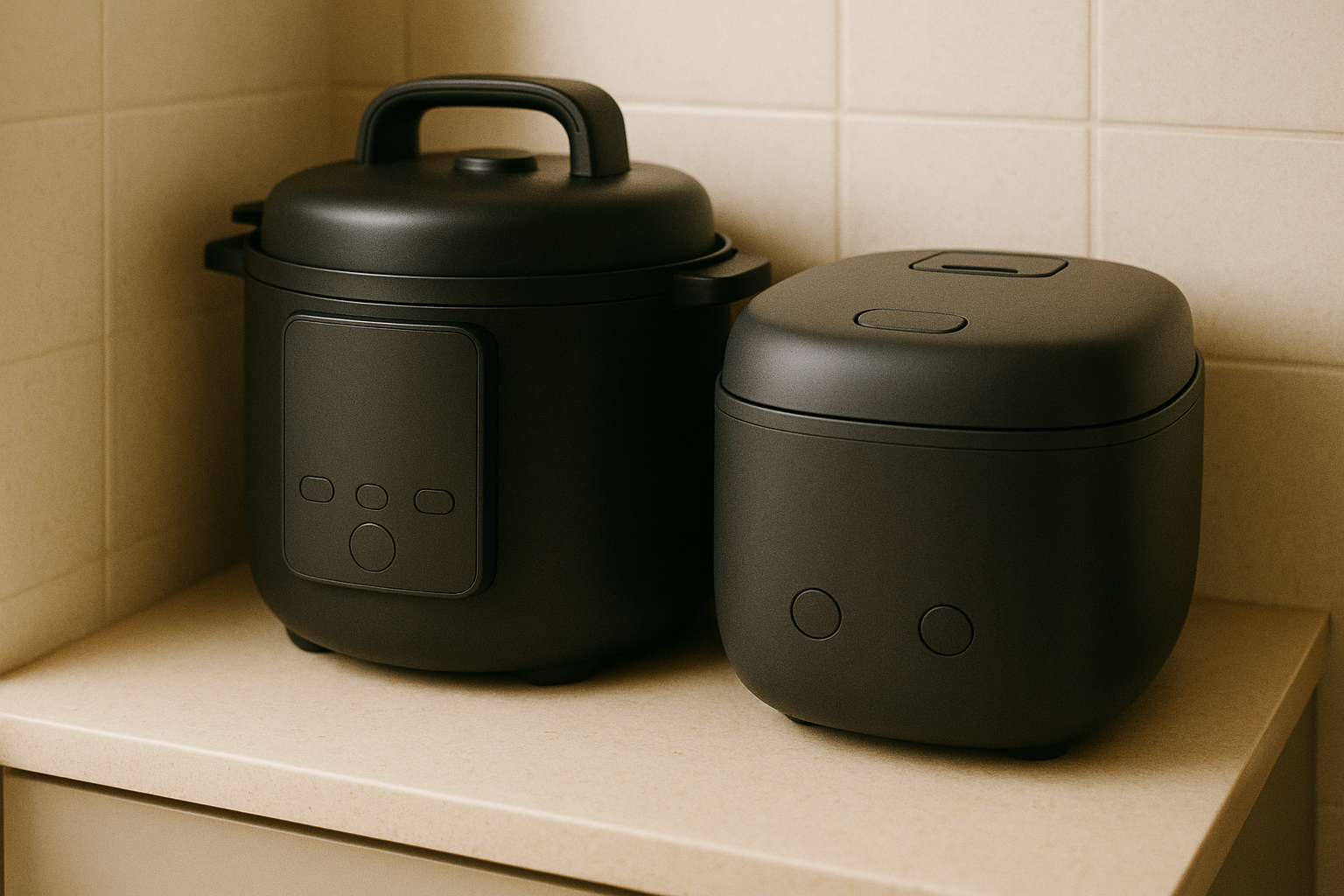 キッチンカウンターの角に、電気圧力鍋と炊飯器がすき間なく並んで置かれている。