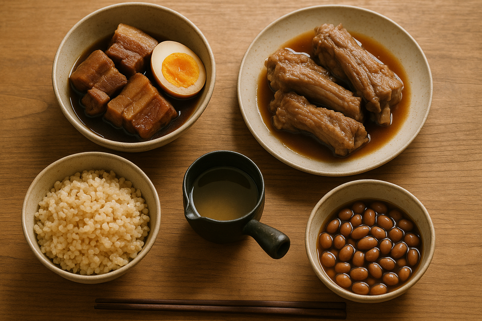 圧力鍋が得意な料理が並ぶ。角煮、スペアリブ、玄米、大量の出汁、戻した乾物。